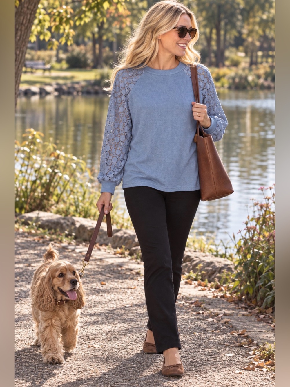 Miholl Periwinkle Blue Waffle Knit Top with Lace Sleeves, Back Zip, Size M